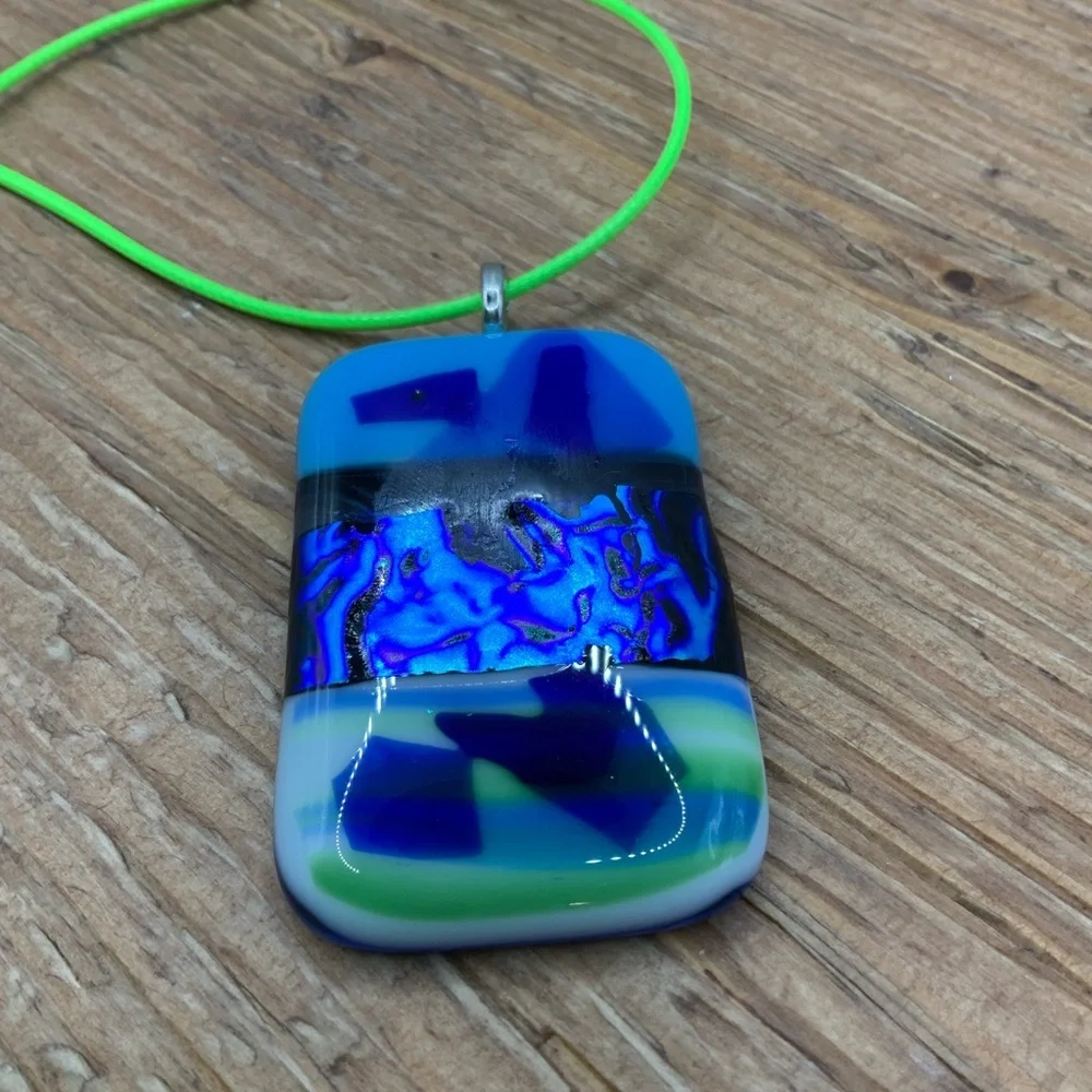 Murano Style Blue Fused Dichromic Glass Pendant Cord Necklace